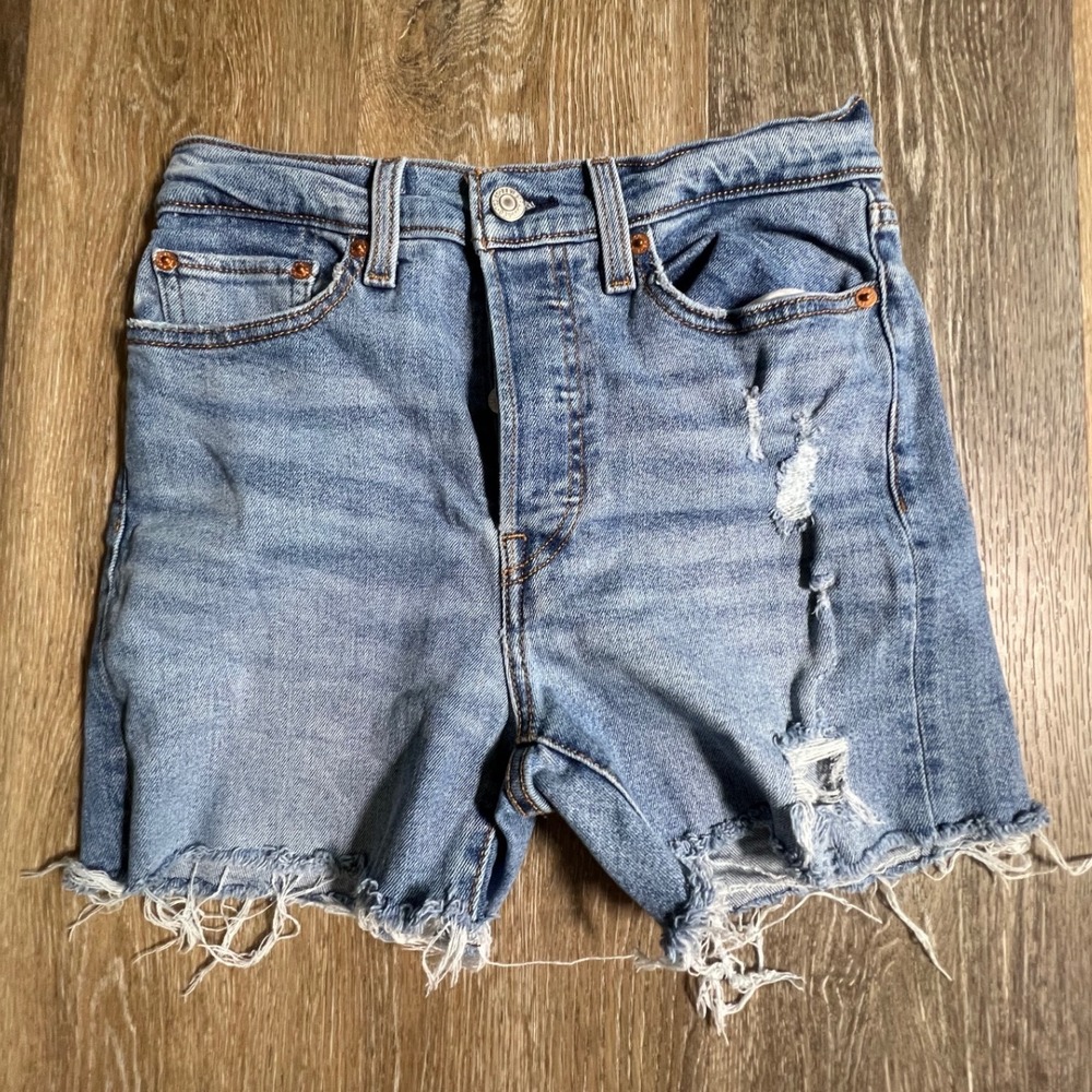 Levi's Wedgie Straight Shorts Womens 27 Blue Distressed Raw Hem Button Fly